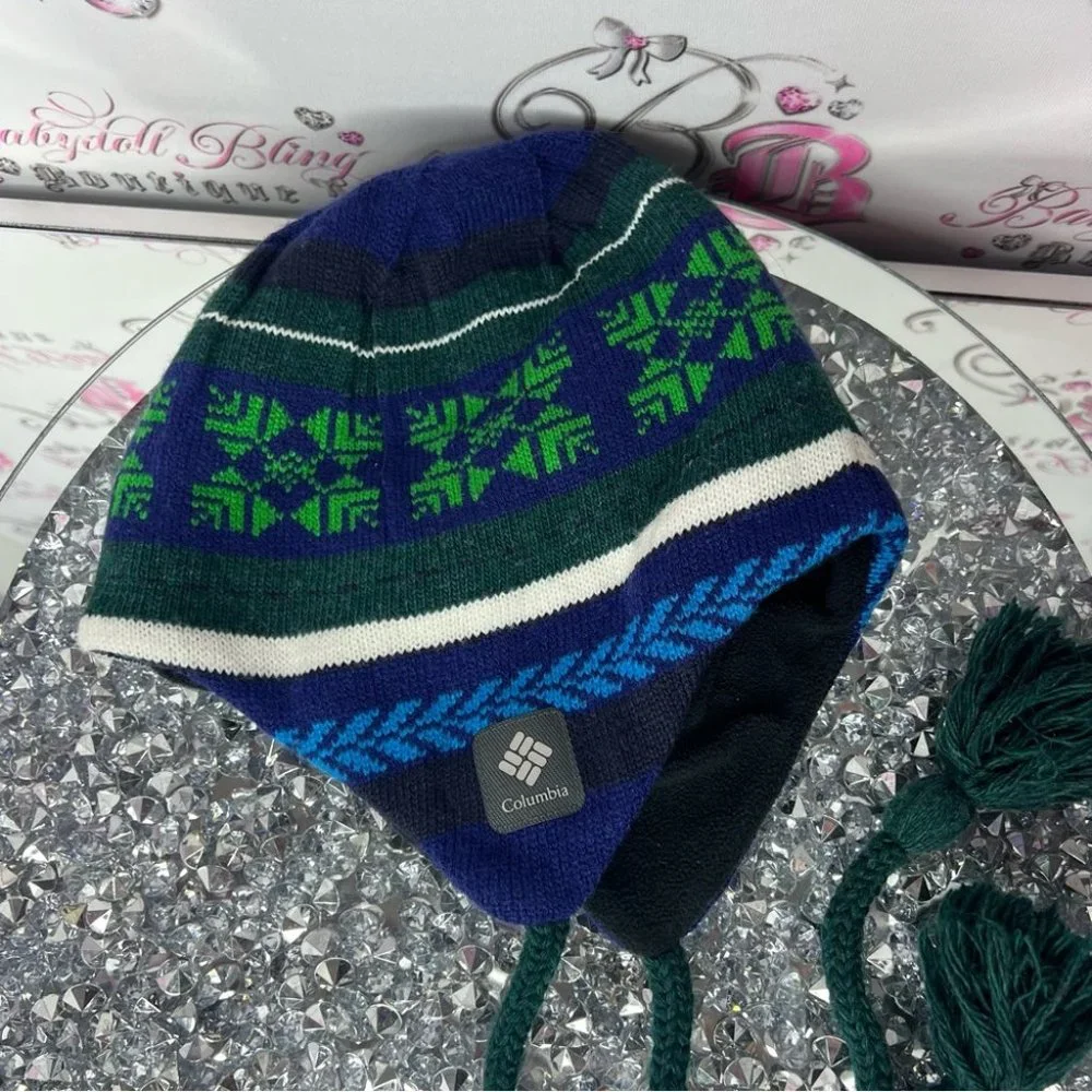 Columbia winter hat toque heat gear inside knit tribal winter blue green warm - Picture 2 of 7